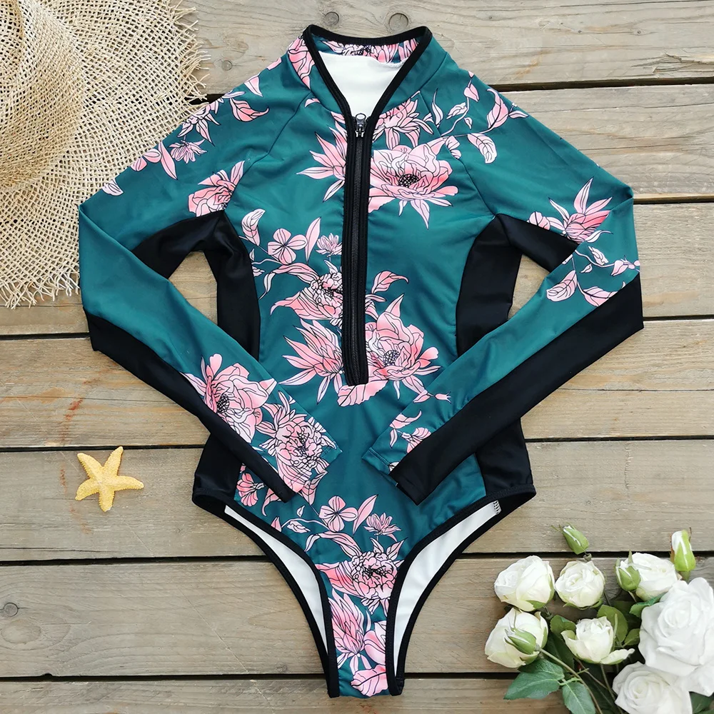 Sexy Zipper Surfing One Piece Swimsuit Long Sleeves Women  Swimwear 2024 Bathing Suit Printed Female Swimsuit Vintage Beachwear