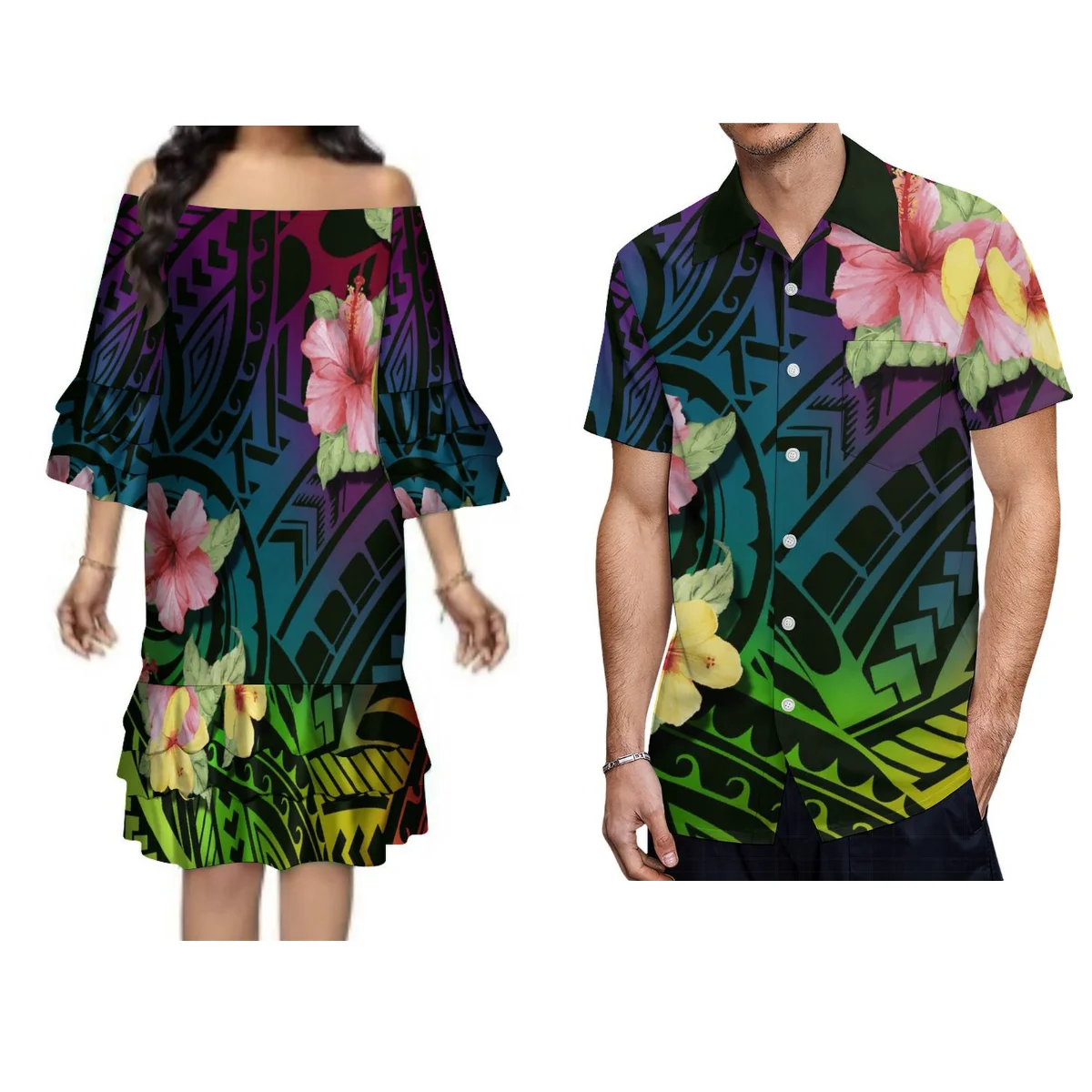 

Hawaiian Island Style Women'S Dress Men'S Shirt Banquet High Quality Clothing Custom Tribal Print 2024 New Polynesian Couple Set