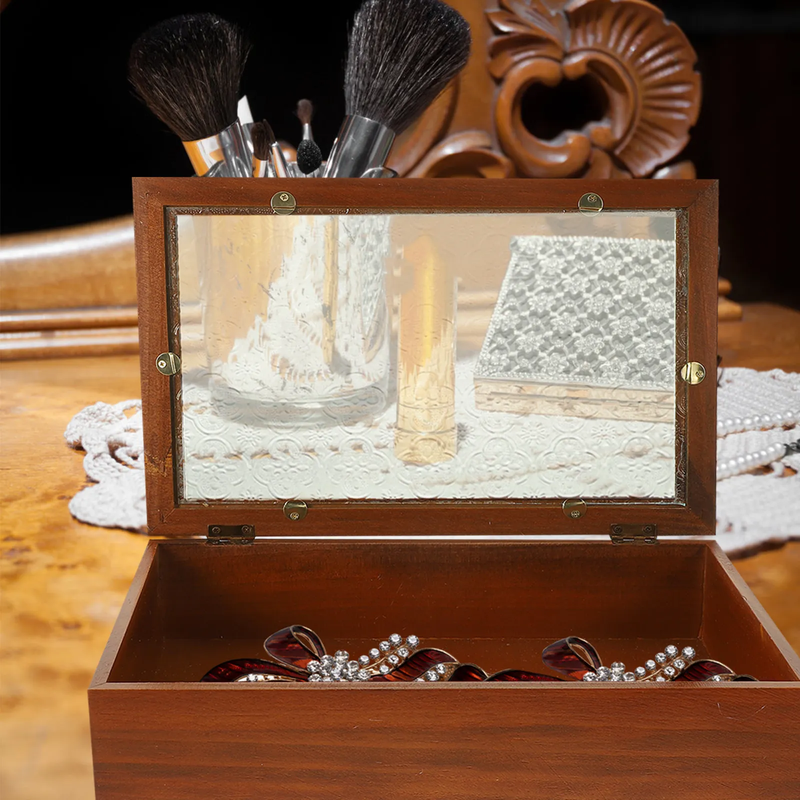 

Vintage Wooden Jewelry Box Multi-Functional Organizer Case Retro Glass Embossed Lid Storage for Rings Earrings Necklaces