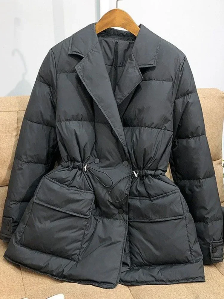 Kmetram Winter Women White Duck Down Coat Female Notched Collar Double Breasted Coat Casual Lady Drawstring Puffer Outwear