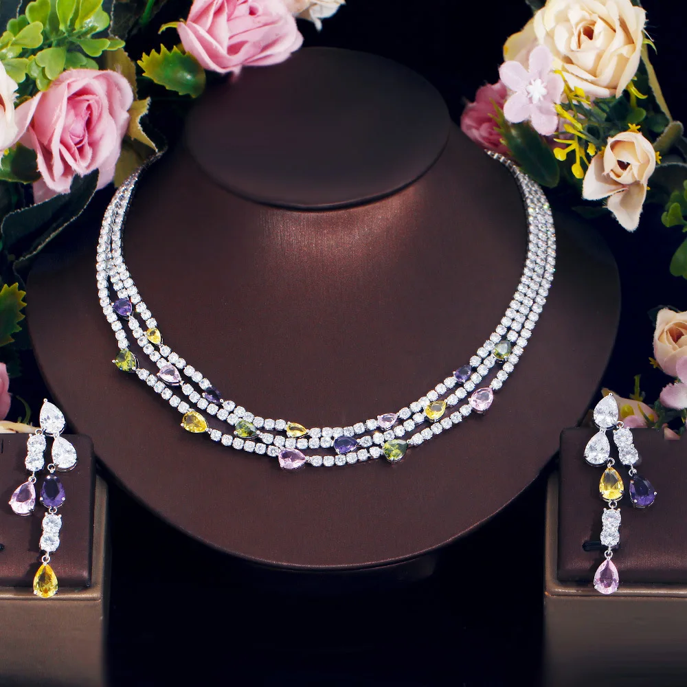 Shiny Colorful Cubic Zirconia 3 Rows Multi Layer Bridal Wedding Choker Necklace Earrings Jewelry Set for Women