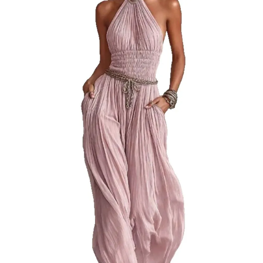 Womens Dusty Pink Halter Neck Sleeveless Backless Wide Leg Jumpsuit Smocked Waist Solid Vacation Casual Romper Outfit 2026