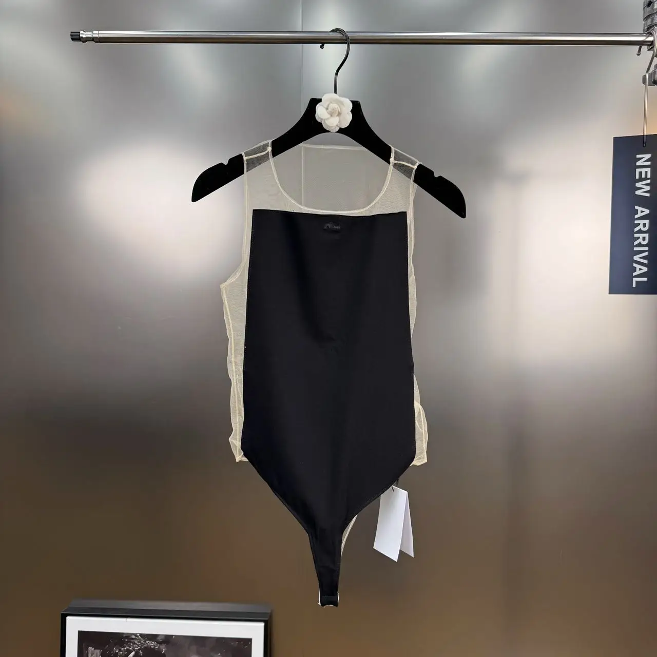 Spring and Summer 2025 New High-end Round Neck Sleeveless Yarn See-through Sexy Onesie Vest Jumpsuits for Women