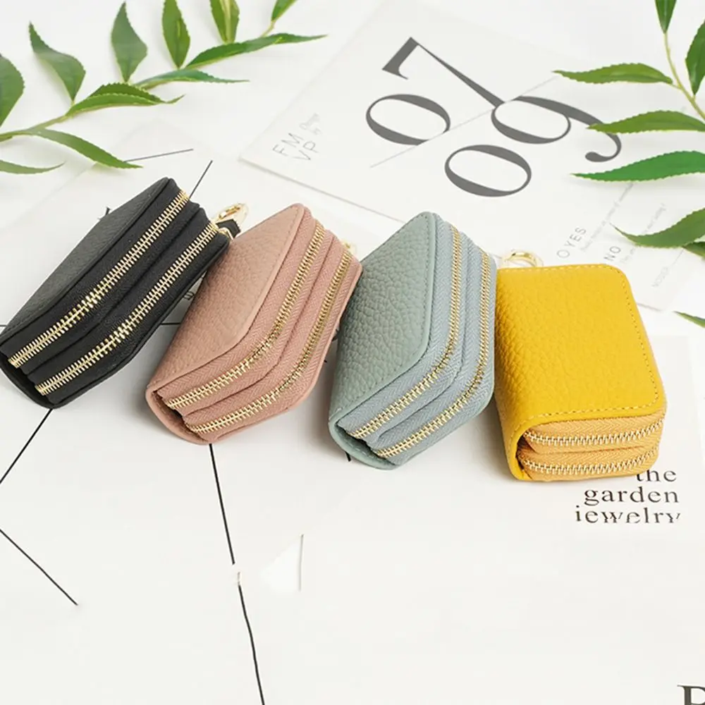 Double Zipper Split Car Key Wallet Mini Portable Genuine Leather Key Bag Multifunctional Solid Color Key Holder Organizer Pouch