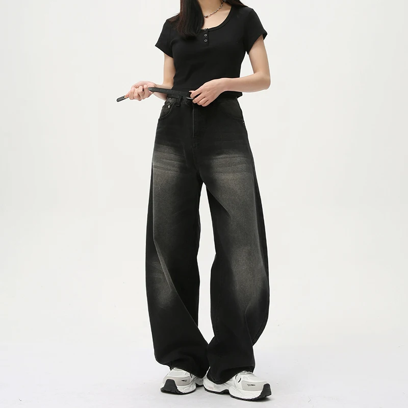 WTHT แฟชั่นฤดูร้อนผู้ชายล้างการออกแบบไล่โทนสีตรงกางเกงยีนส์วินเทจอินเทรนด์หลวมเอวสูงกางเกงยีนส์ขากว้างชาย 2A0124