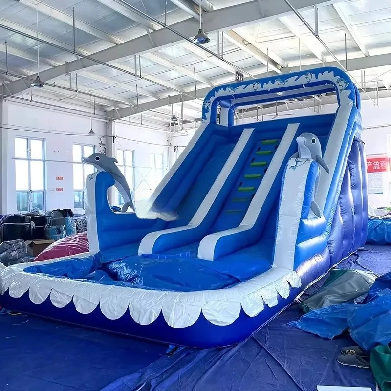 2026Commercial Giant Inflatable Double Water Slide Dolphin Pool Slide Inflatable Bounce House with Pool for Adult Kids for Free