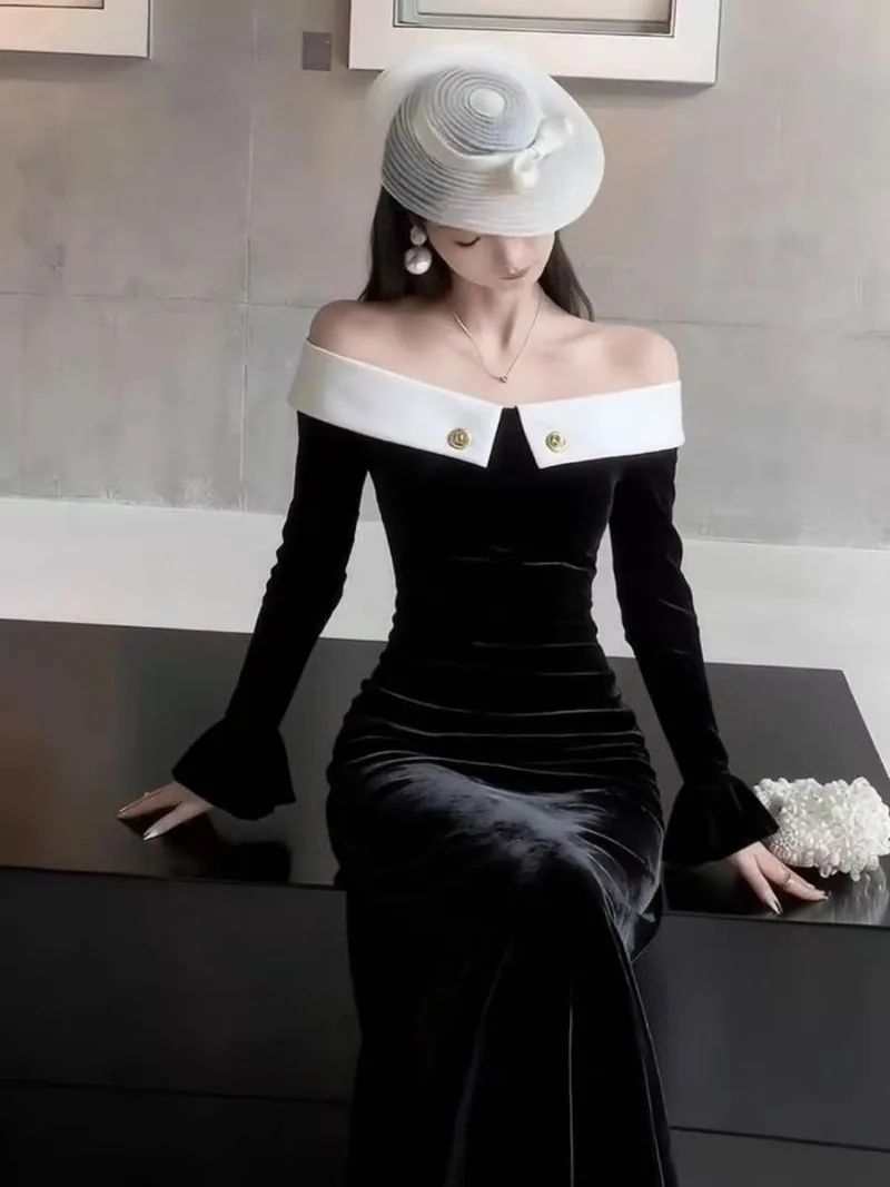 新しいヘップバーンスタイル秋ベルベットドレス女性エレガントなスラッシュネックオフショルダー長袖コントラストカラーパーティードレスvestidos