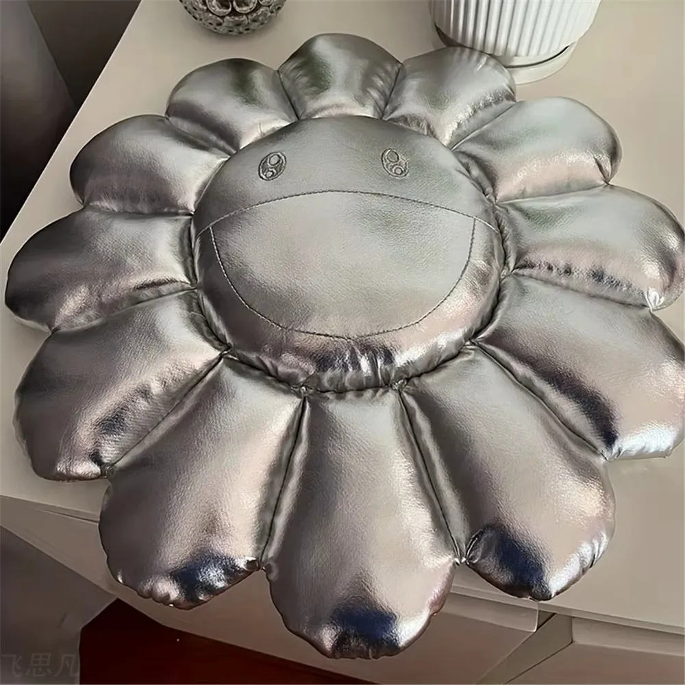 Silver Sunflower Cushion Leather Texture Cushion for Bedroom Living Room Cute Smile Pillow Office Cushion Home Decor Gift