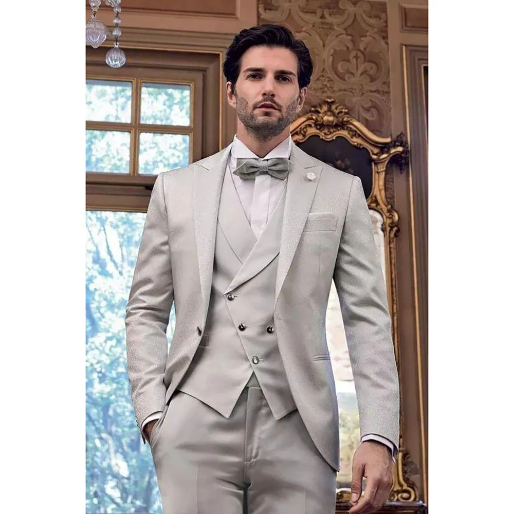 High-end Grey Single Breasted Men Suit Three Pieces Fashion Hot Sell Male Set Daily Business Blazer Pants & Vest