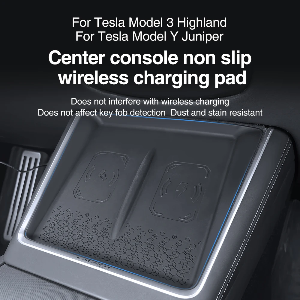 HEENVN Silicone Mat Wireless Charging Pad for Tesla Model Y L/2025 Juniper Model 3 Highland Car Center Console Station Accessory