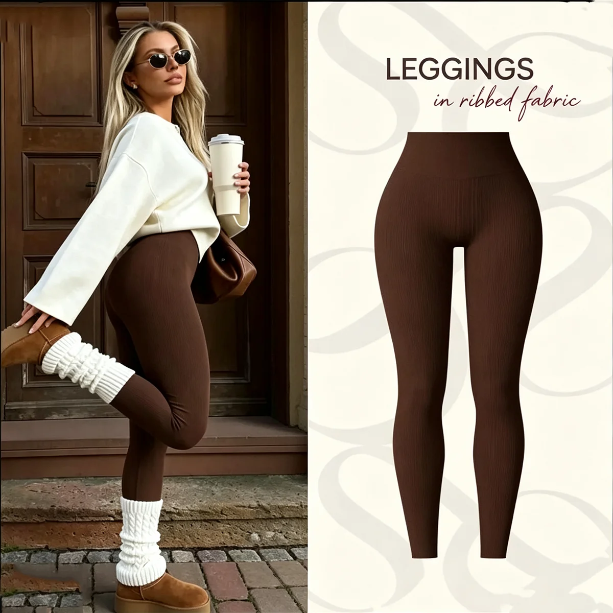 Gerippte Leggings für Damen, gestrickte Leggings, nahtlose, figurbetonte Leggings, hochtaillierte, formgebende Leggings, hoch elastische Yoga- und Fitnesshosen. – Detail 3
