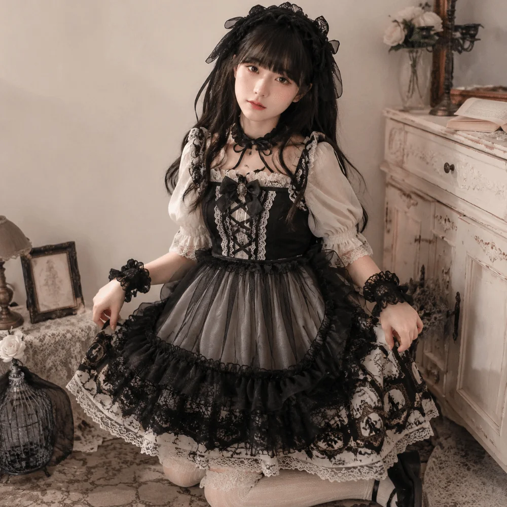 Creative White Black Lolita Short Shawl Lace Mesh Ruffles Lolita Skirt Sheer Open Front Ace Mesh Skirt Gothic Girls view 5