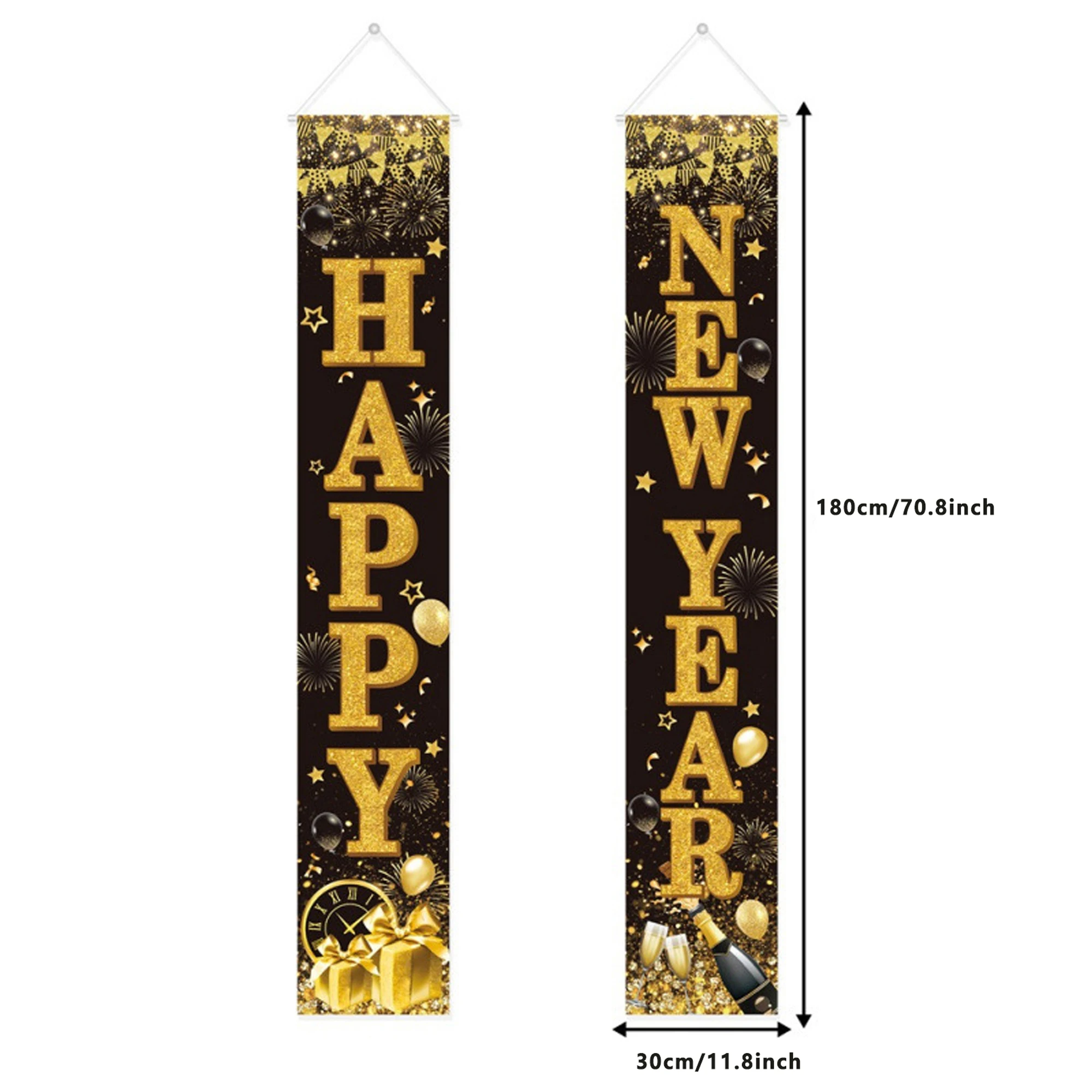 2026 زينة السنة الجديدة الذهب الأسود سنة جديدة سعيدة لافتة الباب ديكور معلق لقضاء عطلة حفلة احتفال المنزل احتفالي #4