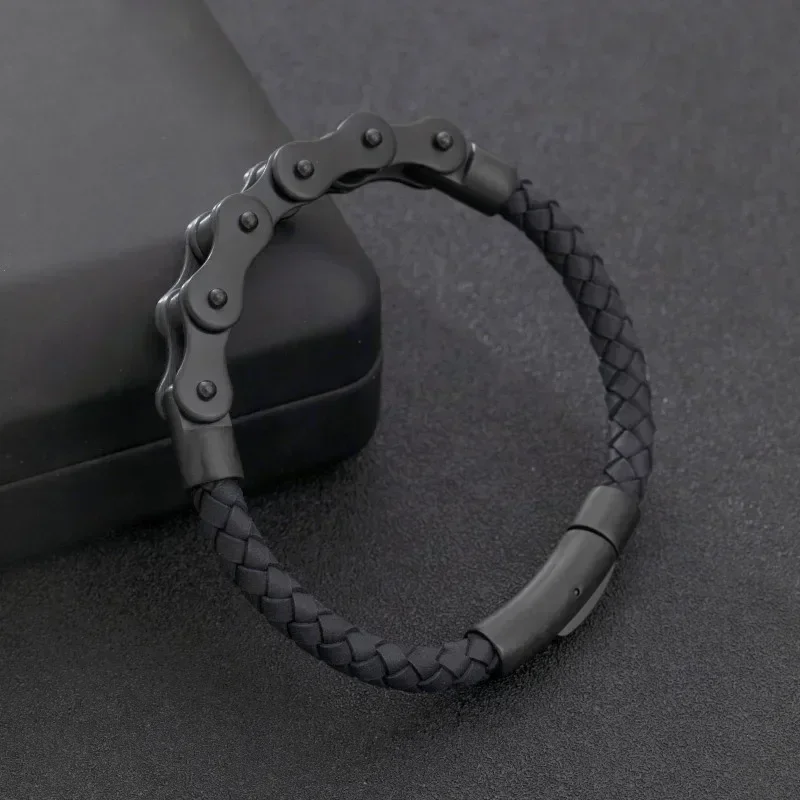 Retro punk bicicleta corrente mão tecido pulseira de couro com fivela de metal para homens motociclista rock festa jóias presente