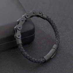 Retro Punk Bike Chain Hand Woven Leather Bracelet with Metal Buckle for Men Motorcyclist Rock Party Jewelry Gift