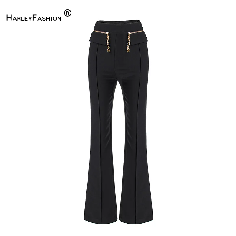 New Harem Trousers High Waist Chain Flared Straight Basic Solid Fashion Lady Work Pants