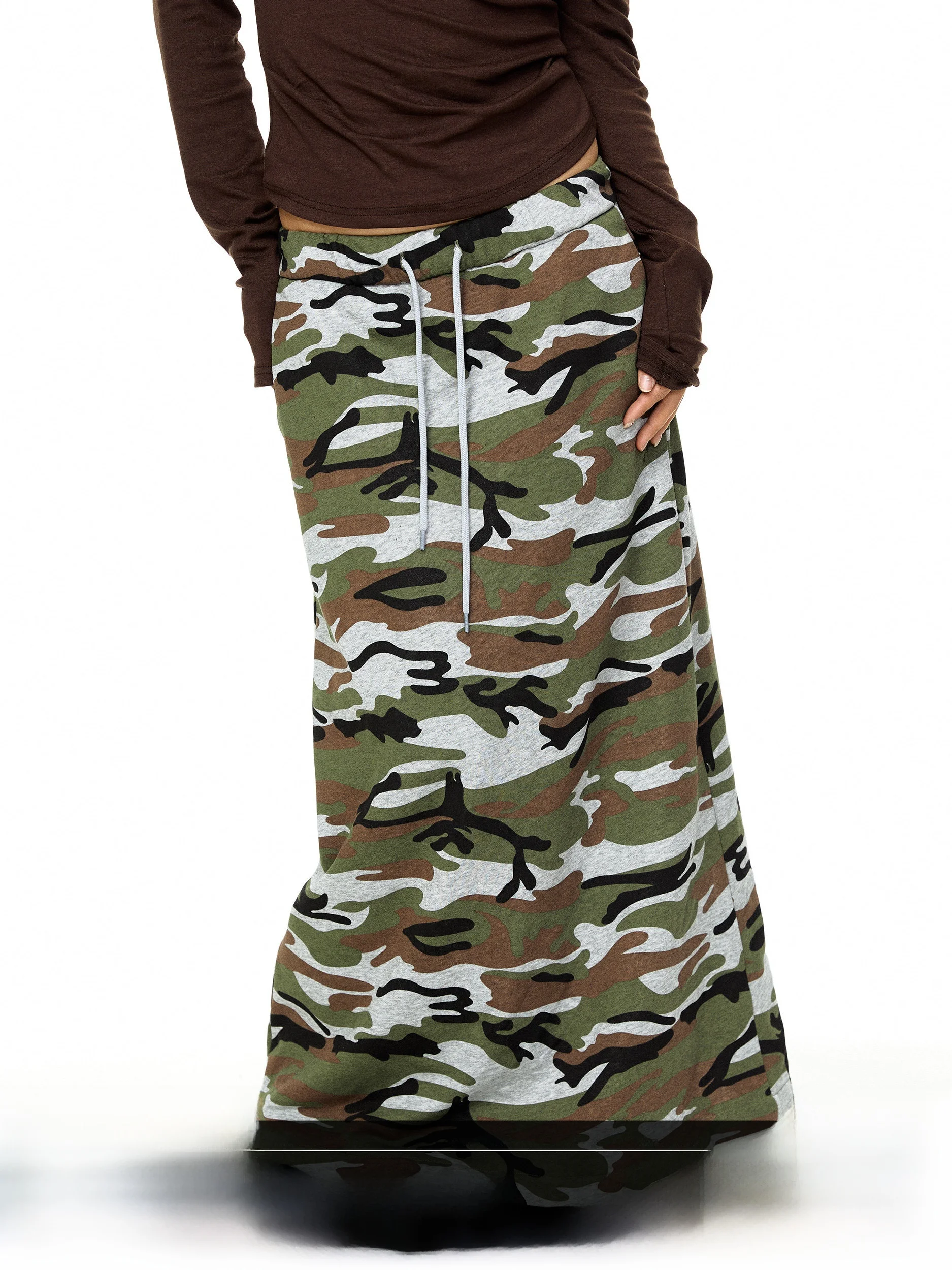 Blackbb Retro Camouflage Print Drawstring A-Line Skirt Women's Spring New Style Versatile Loose Slimming Midi Skirt