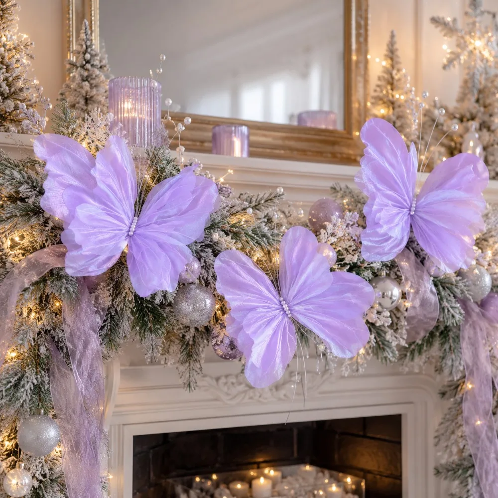 3 große hängende Weihnachtsschmetterlingsdekorationen, synthetische Schmetterlinge mit Laserglanz, Weihnachtsbaumschmuck – Detail 4