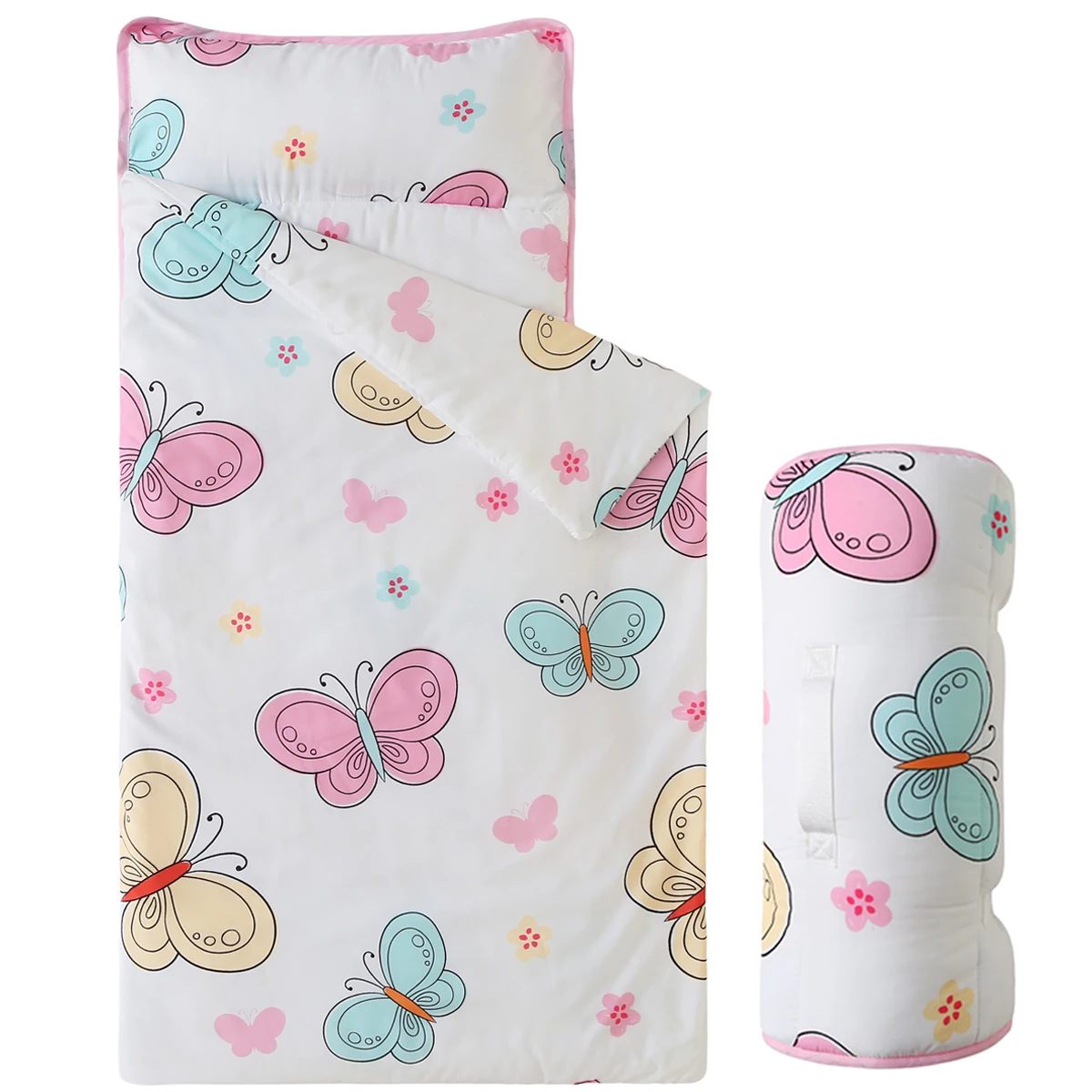 Butterfly Printed Sleeping Bag with Removable Pillow Soft Sleeping Mat for Boys Girls Preschool Ages 3-6 Years 100% Cotton