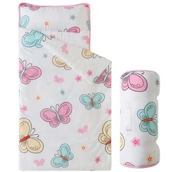 Butterfly Printed Sleeping Bag with Removable Pillow Soft Sleeping Mat for Boys Girls Preschool Ages 3-6 Years 100% Cotton