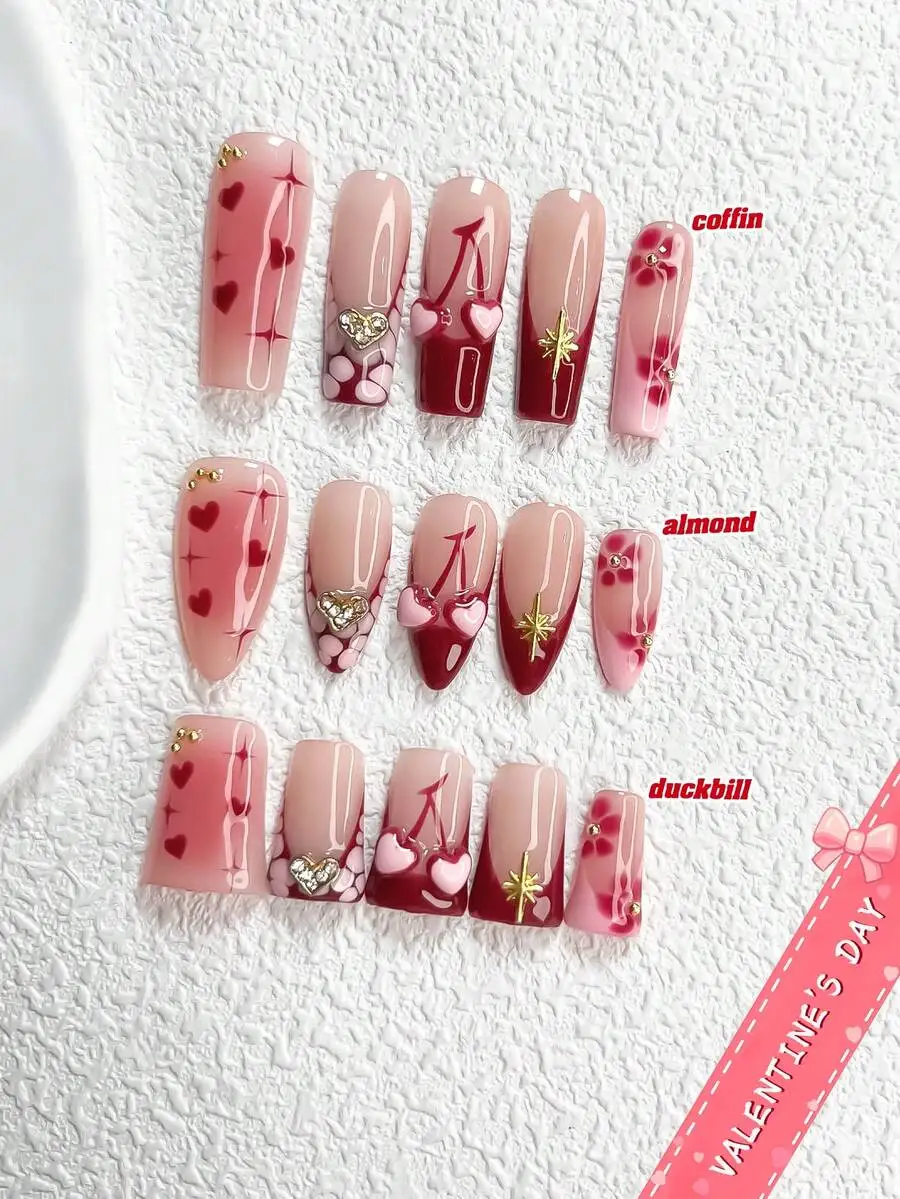 

10Pcs Sweet And Edgy Style Handmade Nail Art Set,Polygel Nail Set,Colorful Rhinestones, Gold Stars Nail Art Accessories,Lines Na