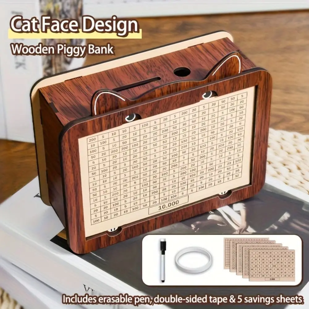Wooden Money Saving Box Cartoon Cat Design Reusable Piggy Bank with Goals Counter Large Capacity Count Cash Vault