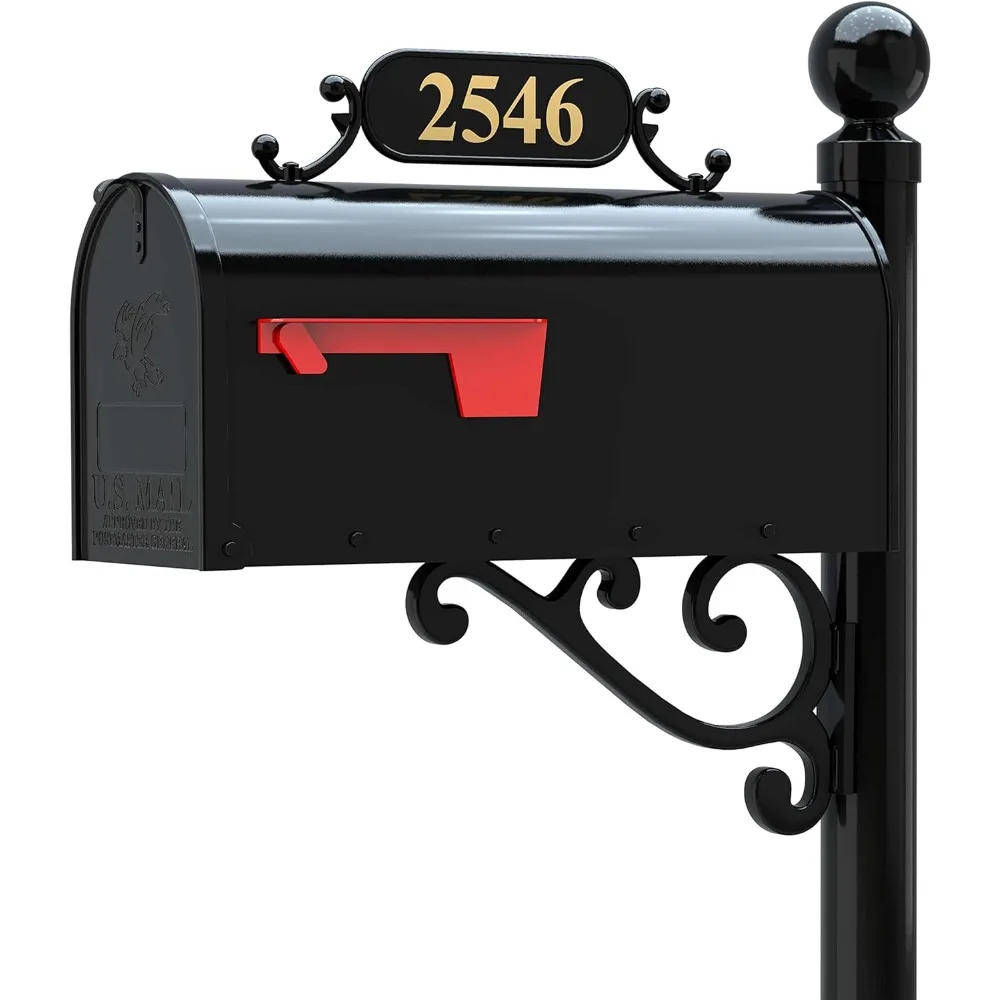 of Distinction Corinthia Mailbox with Post Combo – Black Aluminum Decorative Mailbox – Includes Address Plaque, House Numbers