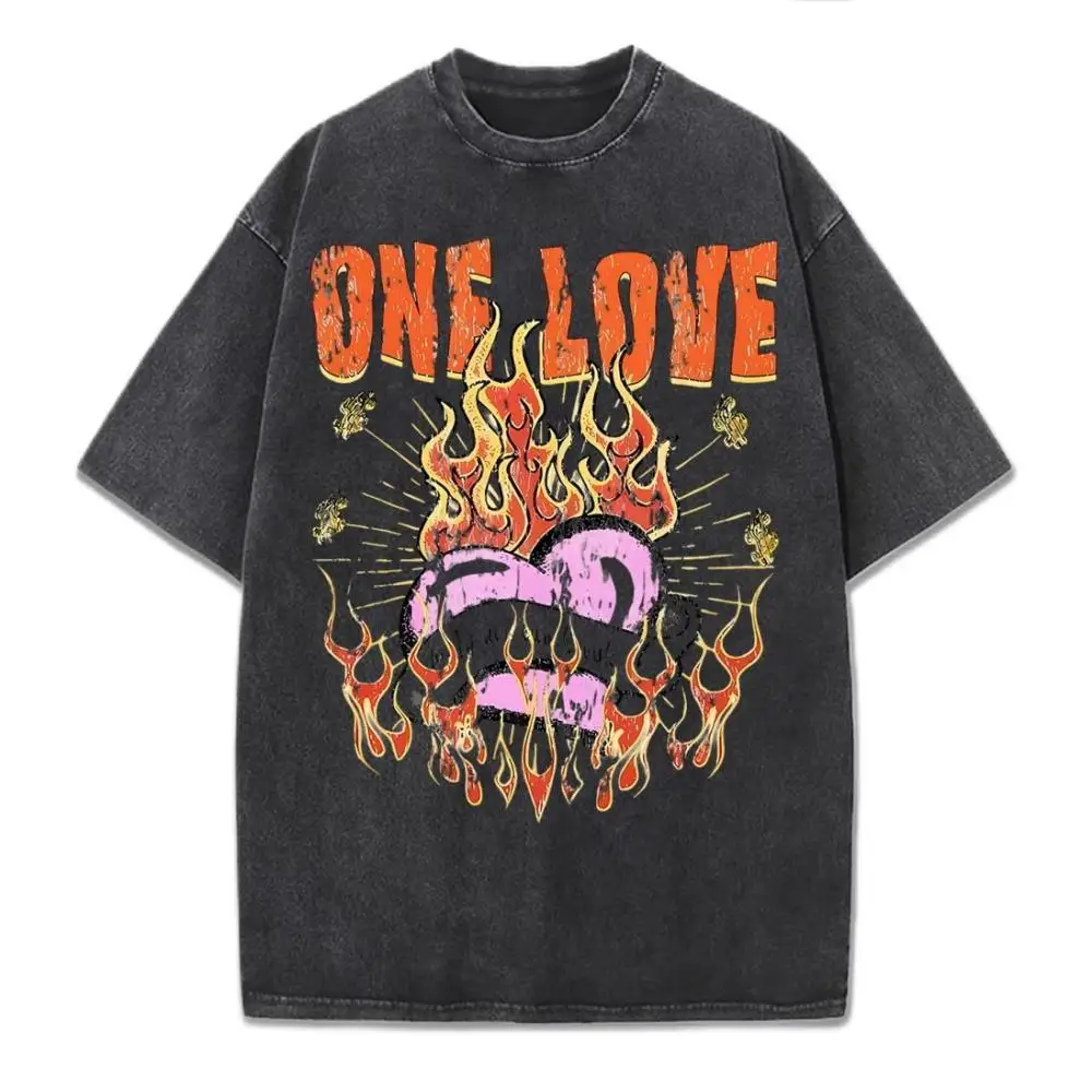 

Стираная футболка с принтом One Love, женские хлопковые футболки в стиле хип-хоп, большие топы с круглым вырезом, летняя повседневная женская одежда