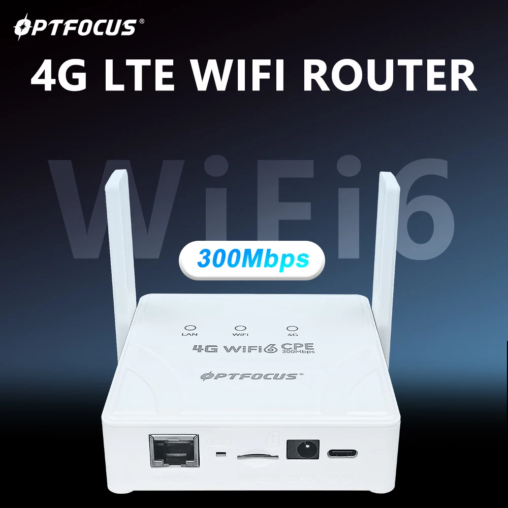 OPTFOCUS 4G LTE WIFI Router 300Mbps WIFI 6 32 Device Connections Mobile Wireless Router Typc-C Interface for Asia Africa Europe