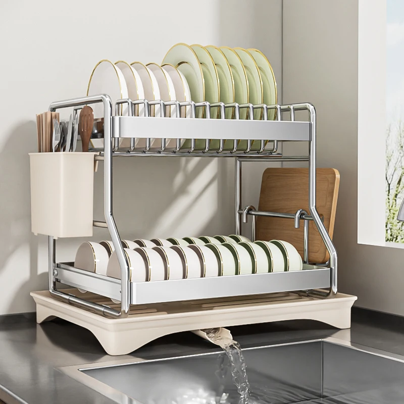 

Stainless steel dish drainer, 2-tier dish drying rack with utensil holder, draining tube, kitchen storage organizer for counter