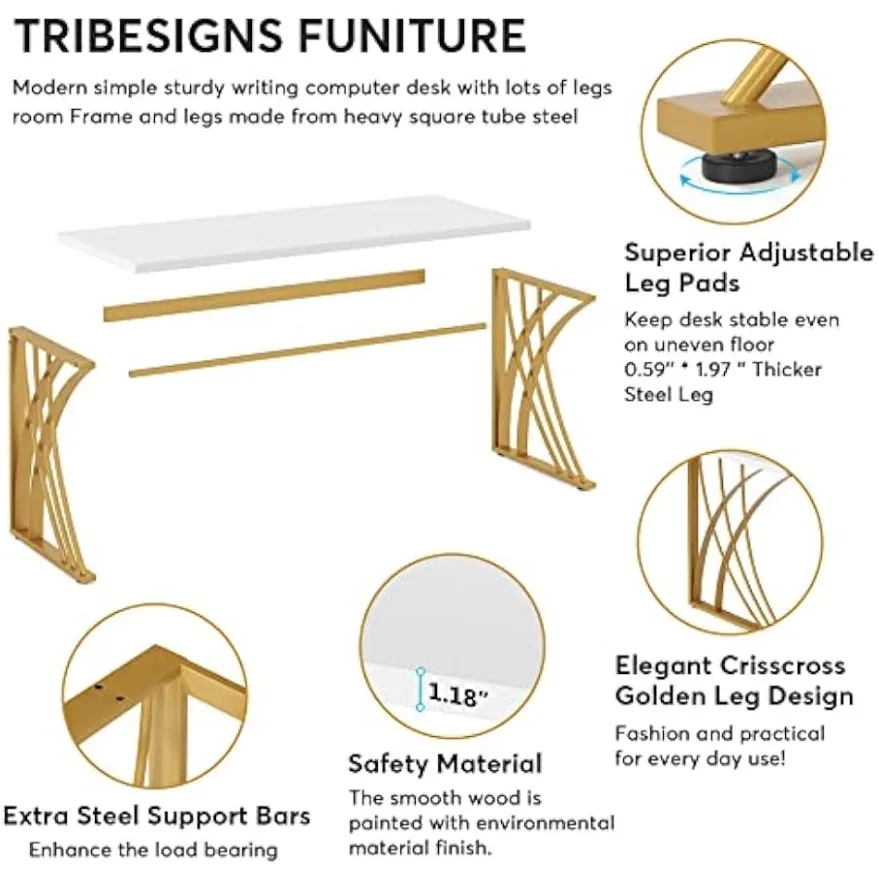 55’’ Large Modern Computer Desk, White & Gold Luxury Laptop PC Student Table, Sturdy Writing Workstation for Home & Office