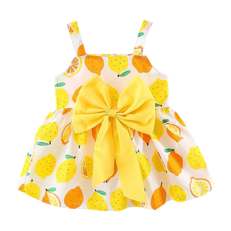 

0-24M Summer Baby Girl Clothes Princess Dress Outfits Sunsuit Lemon Print Bow Baby Dress Newborn Infant Dress