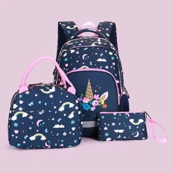 Kids Fashion Unicorn Three Pieces Water Proof Suit For Teenagers Pencil Bag Lunch Bag School Bag Student Girls Backpack Set