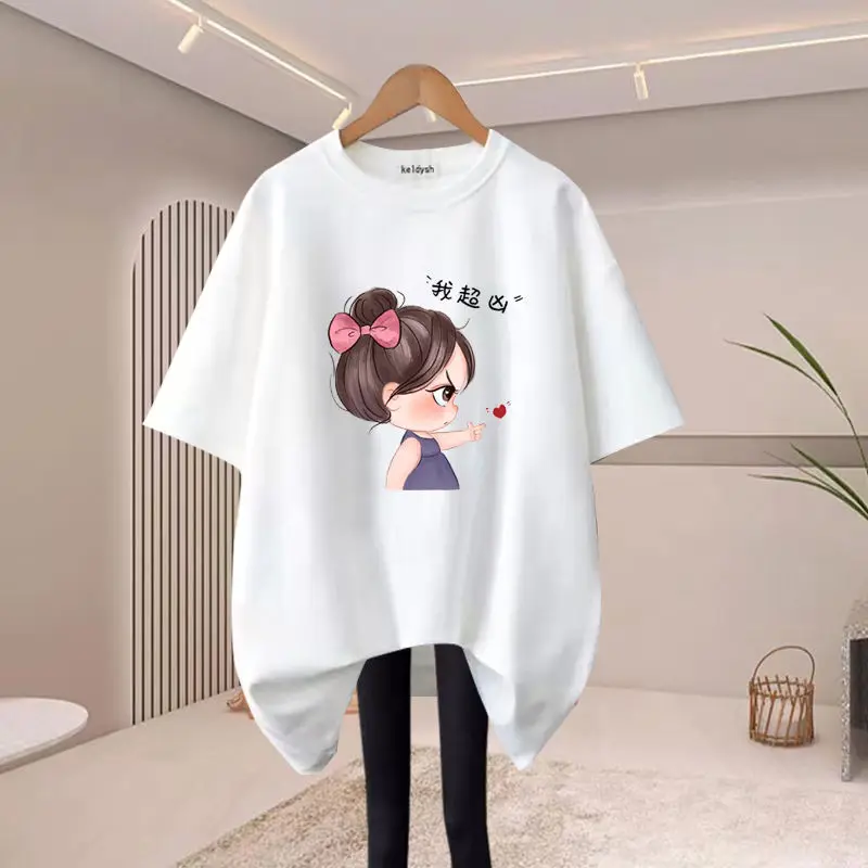 Women Clothing Fashion Cartoon Printing O-neck T-shirt Summer Pure Cotton Short Sleeve Basic Tees Office Lady Casual Loose Tops