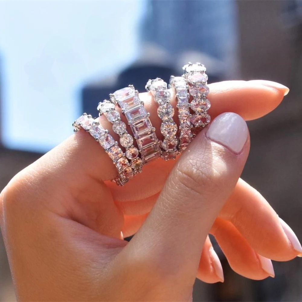 Trendy Temperament Geometry Sliver Color Fully Inlay 5A Zircon Rings for Women Korea High Quality Stainless Steel Finger Jewelry