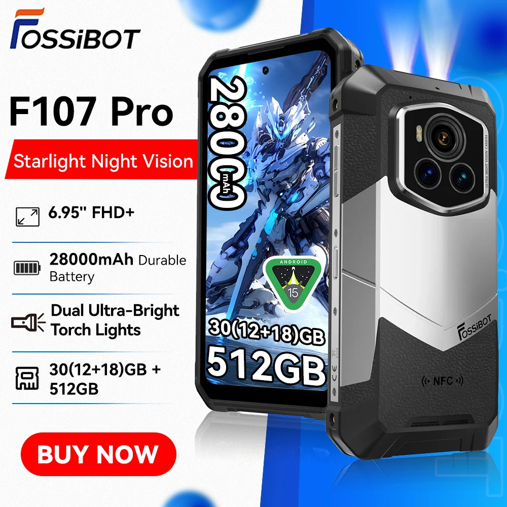 Fossibot [F107 Pro] Android 15 Rugged Mobile Phone 30GB (12+18) 512GB 28000mAh 66W 200MP+32MP NFC/GPS Dual Bright Flashlights