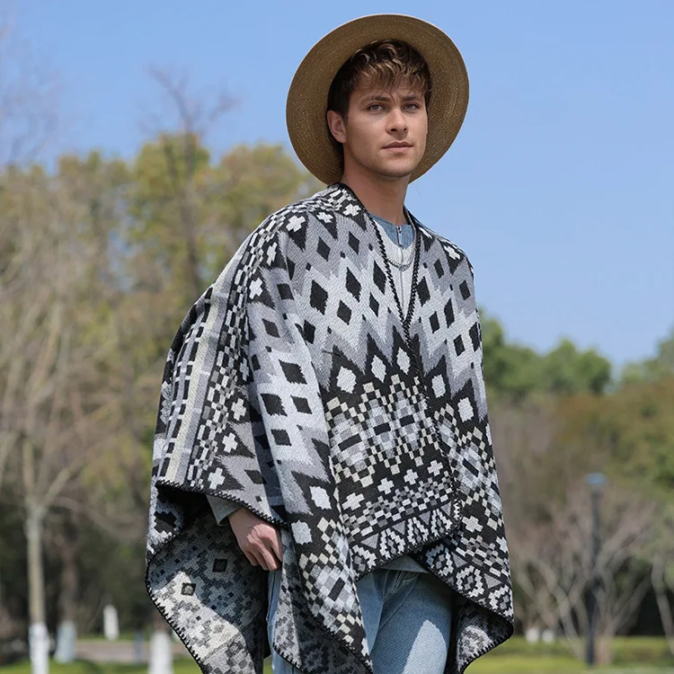 Autumn and Winter New Hooded Cape Shawl Warm Men's Hot Selling Split Cape Travel Driving Multi-purpose take photo Poncho Cloak B