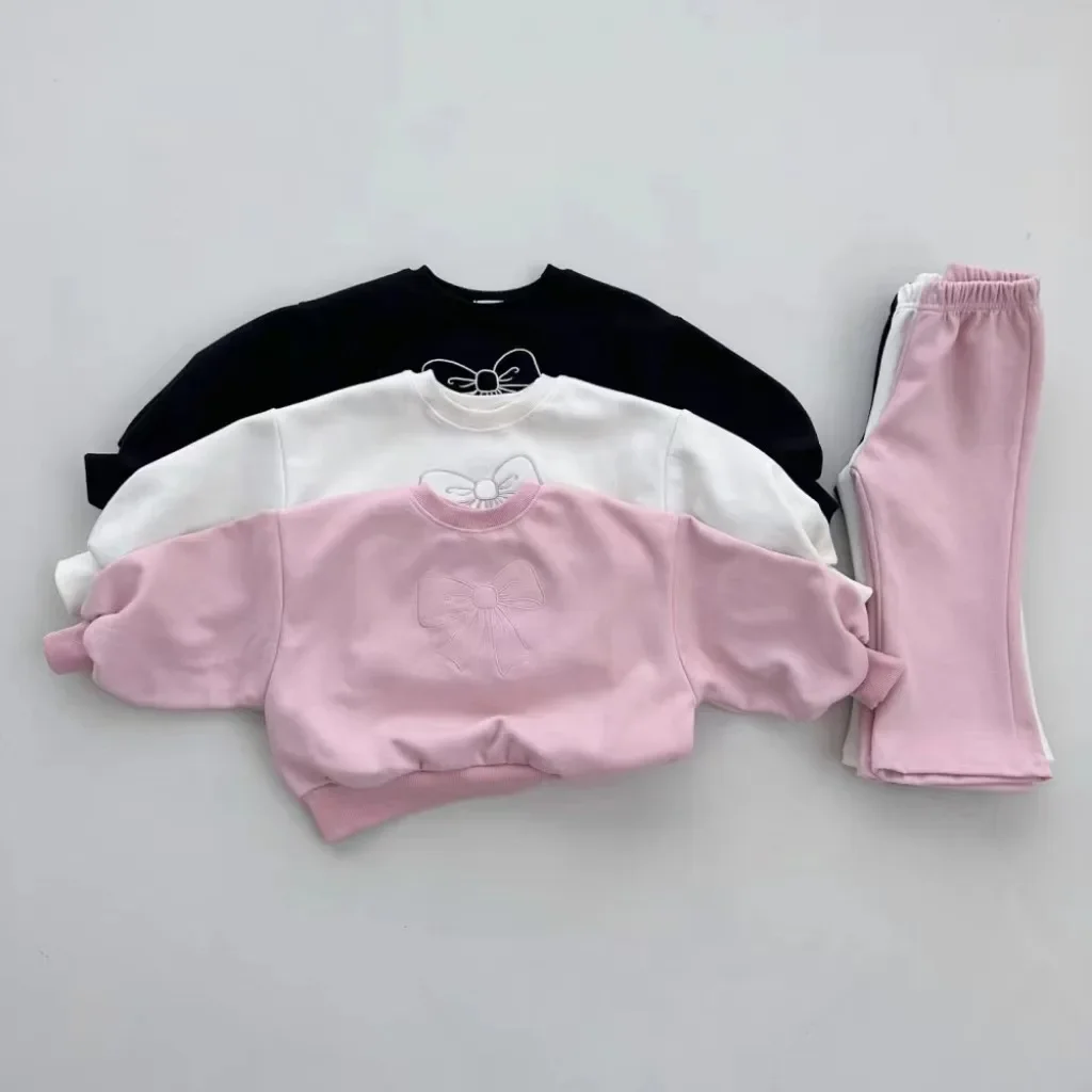 2024 Spring and Autumn New Girls Set Baby Cute Bow Hoodie Bell Bottom Pants Casual Versatile Simple Two Piece Set