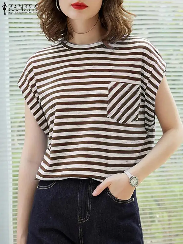 Fashion Summer Blouse Women Elegant O Neck Short Sleeve Striped Shirt ZANZEA Casual Office Work Tops Loose OL Blusas Chemise