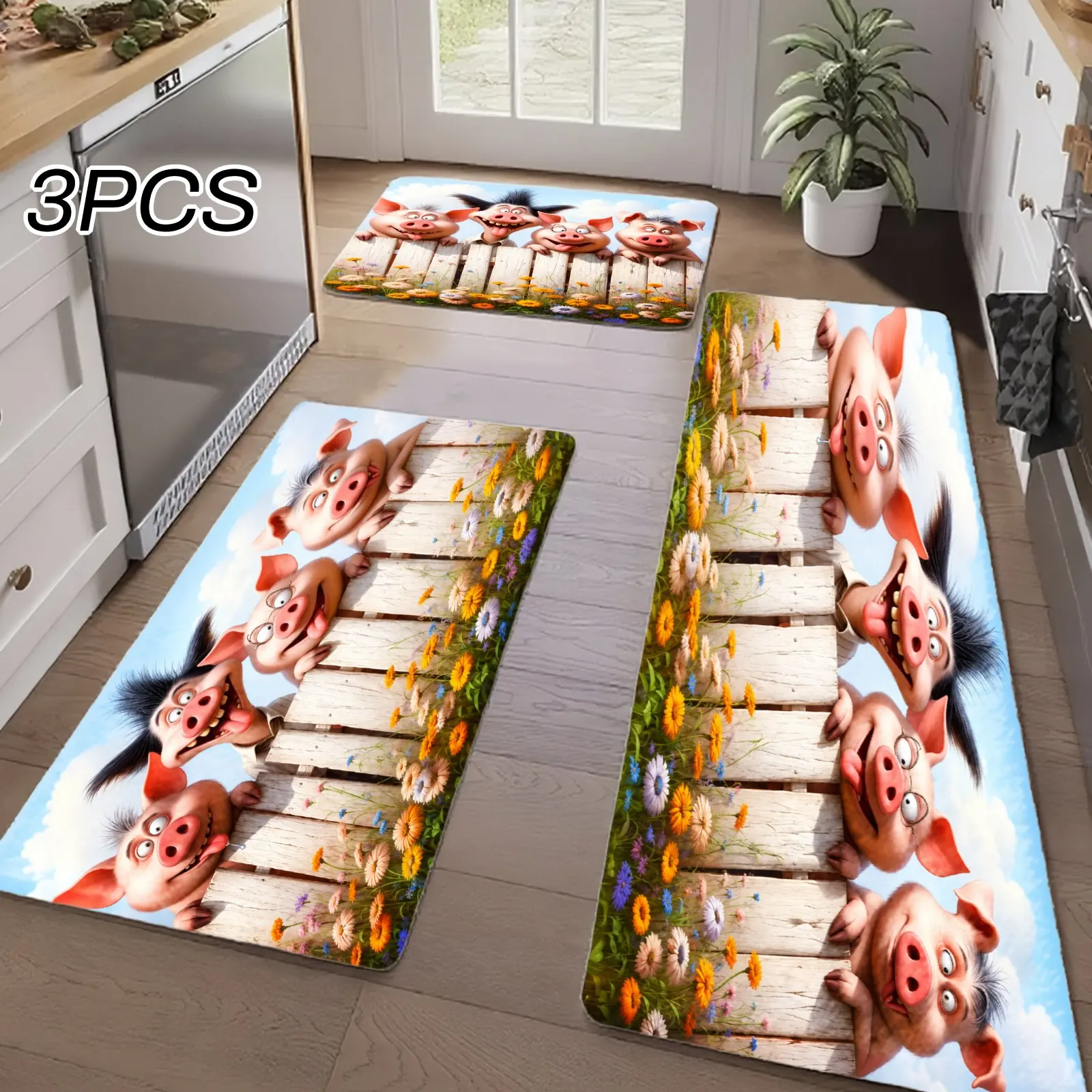 3PCS Kitchen Rugs,Home Decoration for Front Door, Kitchen, Bathroom, Pig Characters On Fence With Flowers And Grass Dining Mat