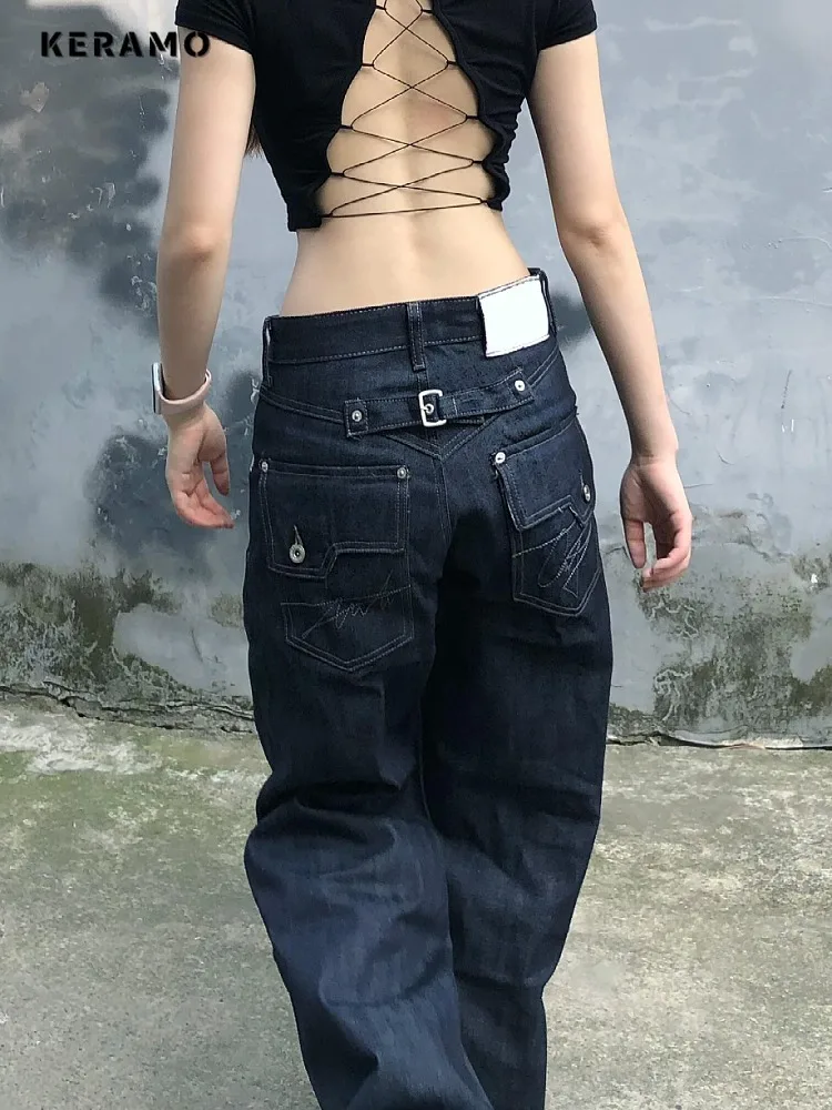 

Street Y2K 2000s Washed Denim Trouser Grunge Retro High Waist Casual Solid Color Distressed Jeans Vintage Baggy Minimalist Pants