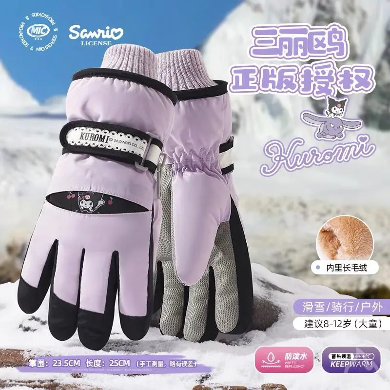 Mininstants Kuromi Anime Cartoon Print Gants non ald pour enfants, chauds, imperméables, coupe-vent, épais, cyclisme, extérieur, hiver