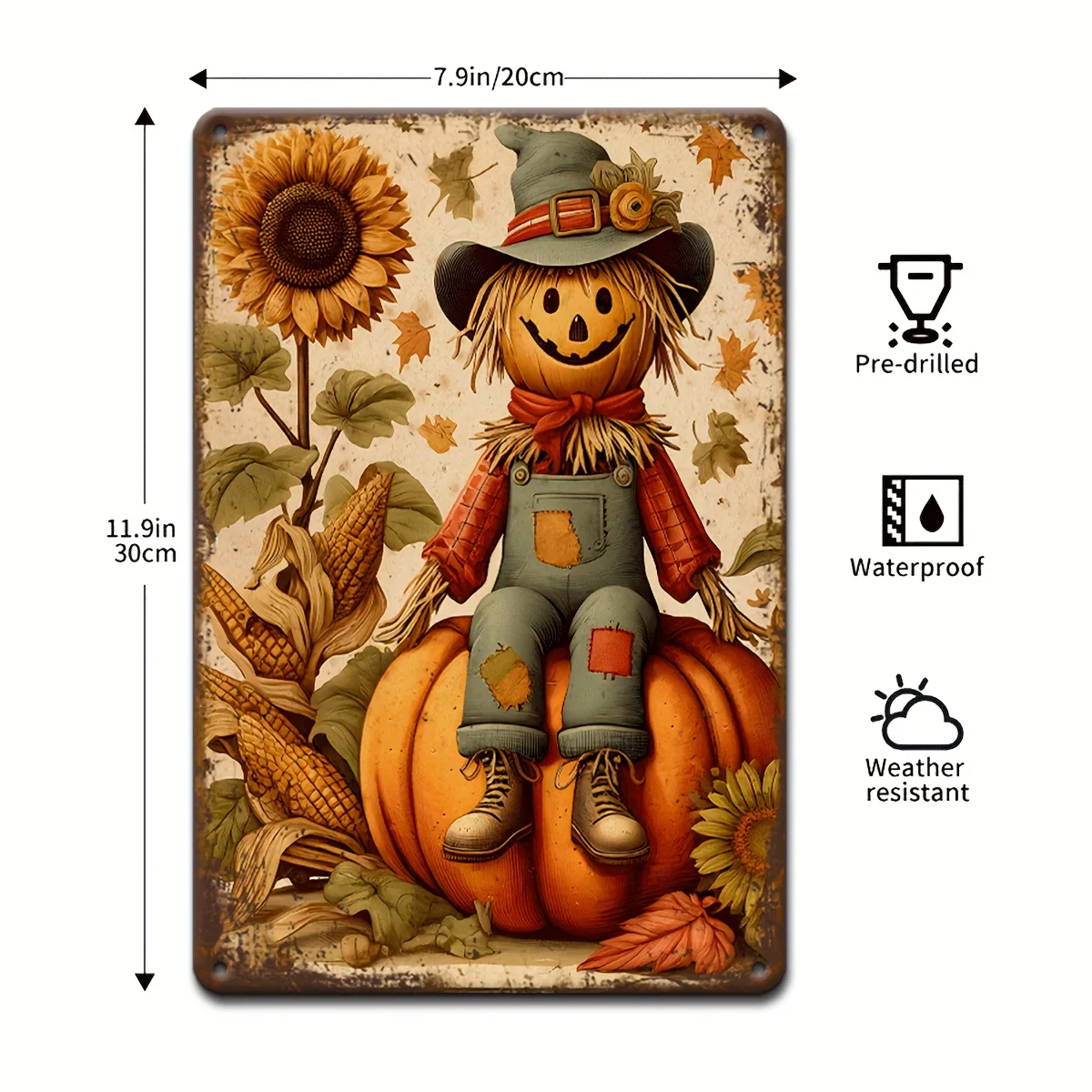 Vintage Fall Scarecrow & Pumpkin Metal Sign Aluminum Wall Art for Home, Farmhouse, Cafe Decor - Perfect Autumn Harvest Gift