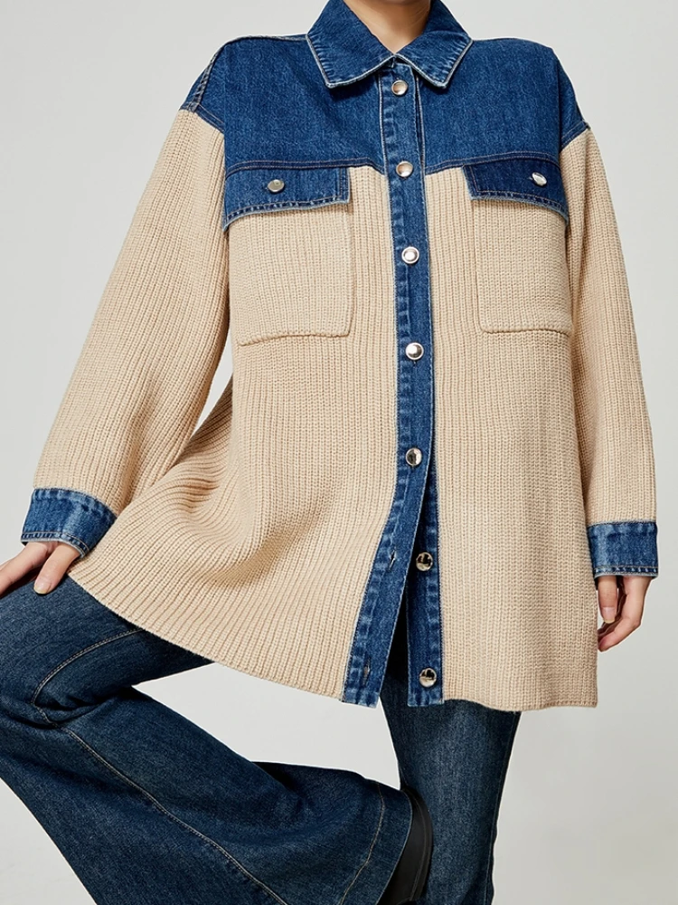 Fashion Commuter Sweater Coat Women\'s New Autumn Winter French Color Contrast Denim Knitted Stitching Lapel Shirt Loose Jacket