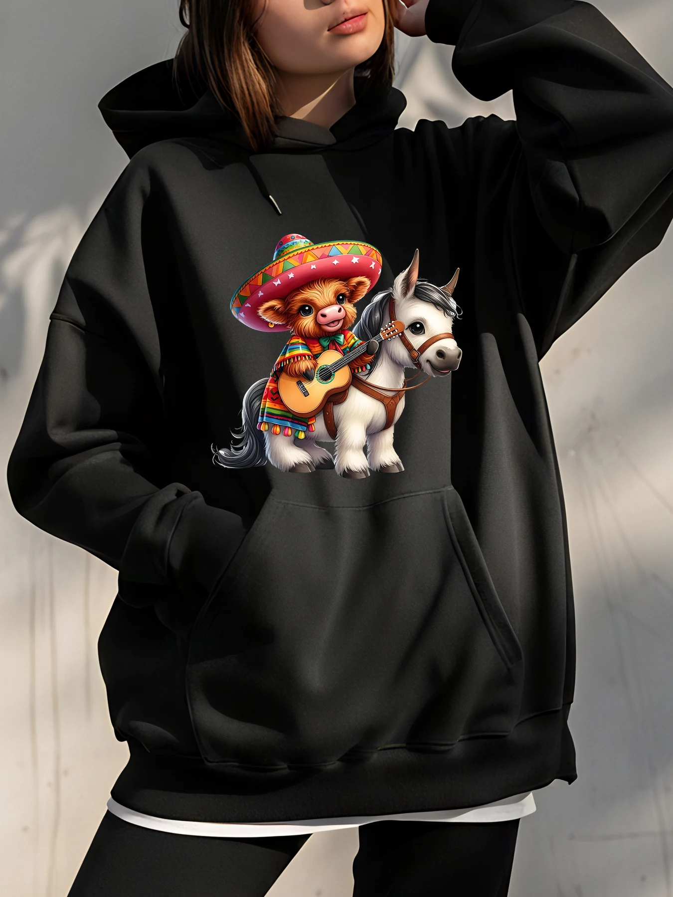 

Толстовка с капюшоном «Милый медведь играет на гитаре на лошади», мексиканское сомбреро, с принтом, унисекс, повседневная толстовка для женщин, мужчин и детей
