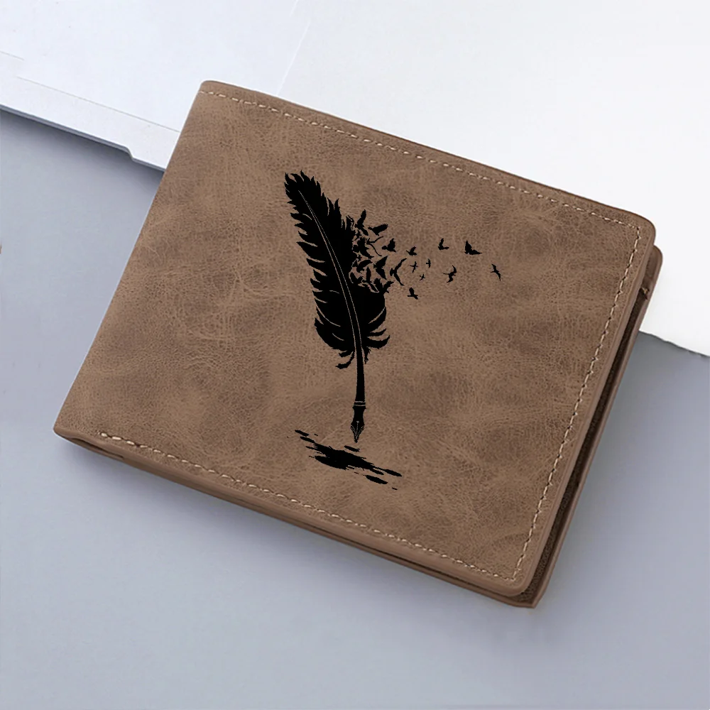 محفظة رجالية جديدة بنمط ريش الملاك الأسود الفاخر مع فتحات بطاقات متعددة وجيب للعملات المعدنية وسحاب محفظة صلبة للرجال