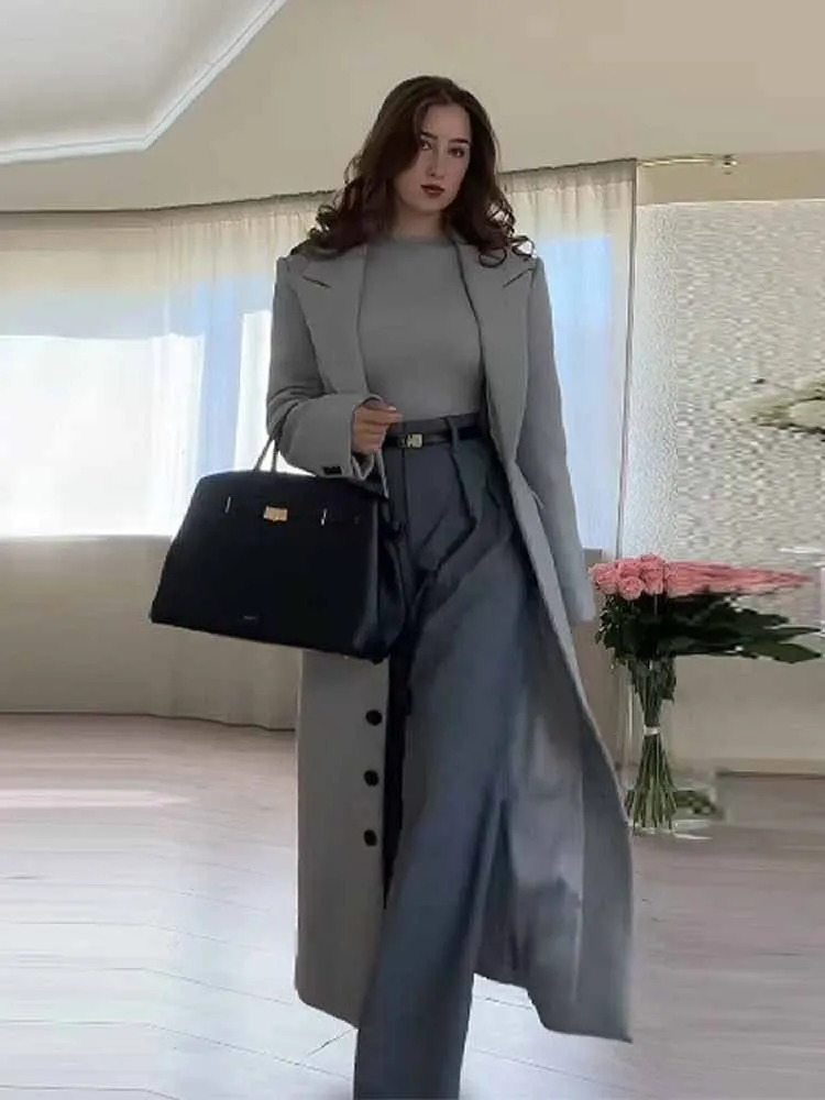 

HH Woman Early Spring Fashion Versatile Solid Color Long Sleeves Single Breasted Long Coat Female Casual Commuting Long Coat