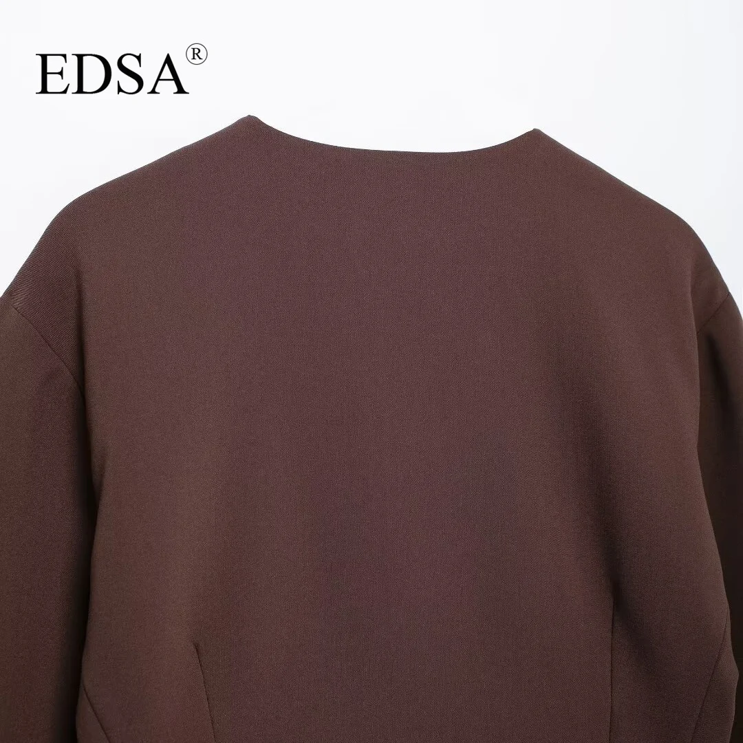 EDSA Women Balloon Blazer Brown Single Breasted Round Neck Long Sleeves Drop-shoulder Cropped Jacket for Office Lady Coat