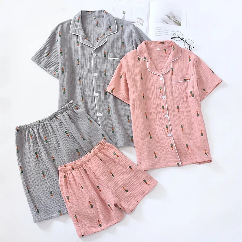 Summer Double Gauze Pajamas Casual Short-sleeved Shorts Home Clothes Thin Crepe Sleepwear 100% Cotton Cartoon Women Set 2 Piece