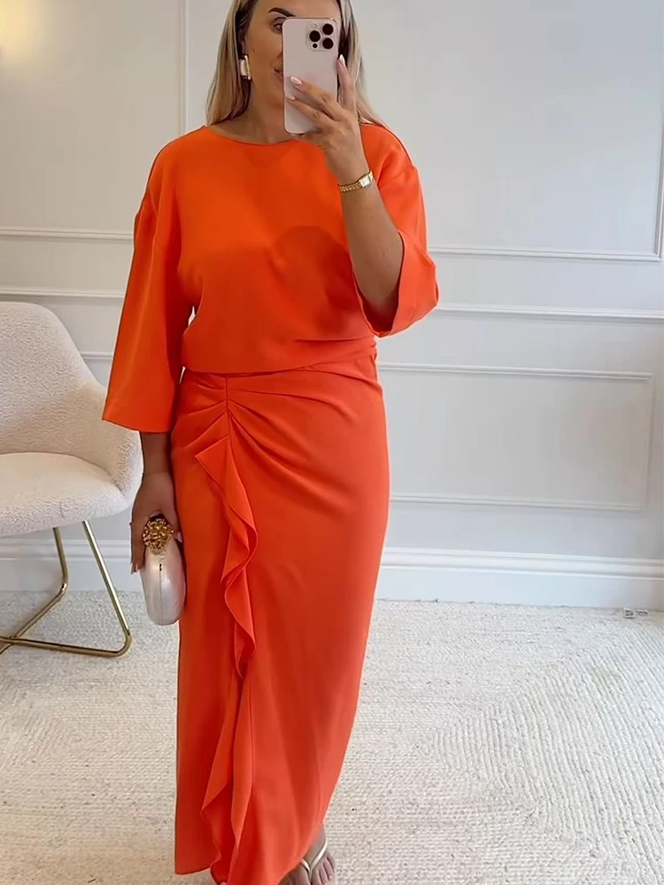 Vestido de Mujer con Volantes y Pliegues, Color Sólido, Cuello Redondo, Manga Larga, Ropa Femenina Elegante, Vestidos Largos, Nuevo 2026